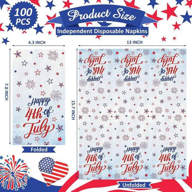 Alt view image 2 of 5 - 100 Pcs Patriotic Party Supplies,4th of July Disposable Napkins, Red White and Blue Star Cocktail Napkins for Independence Veterans Memorial Day Party Supplies