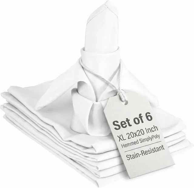 Main image of White Cloth Napkins Set of 6, 20x20 XL Hemmed SimplyPoly Polyester, Washable Reusable Dinner Table Napkins for Parties and Bridal Showers