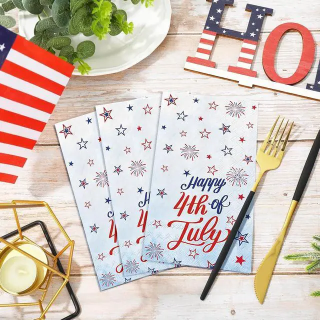 Alt view image 3 of 5 - 100 Pcs Patriotic Party Supplies,4th of July Disposable Napkins, Red White and Blue Star Cocktail Napkins for Independence Veterans Memorial Day Party Supplies