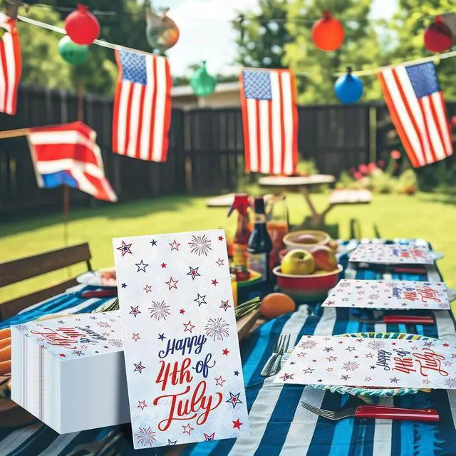 Alt view image 4 of 5 - 100 Pcs Patriotic Party Supplies,4th of July Disposable Napkins, Red White and Blue Star Cocktail Napkins for Independence Veterans Memorial Day Party Supplies
