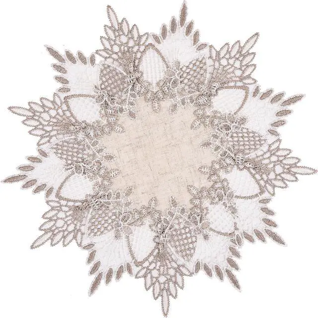 Main image of White Linen Doily 11 inches Round Neutral Earth Tones Beige Lace Coffee Table Topper Dresser Scarf Place Mats