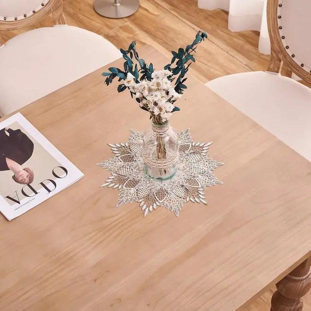 Alt view image 3 of 6 - White Linen Doily 11 inches Round Neutral Earth Tones Beige Lace Coffee Table Topper Dresser Scarf Place Mats