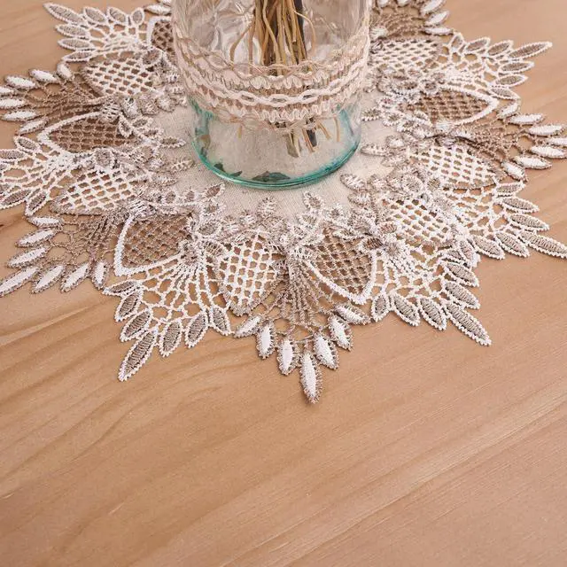 Alt view image 5 of 6 - White Linen Doily 11 inches Round Neutral Earth Tones Beige Lace Coffee Table Topper Dresser Scarf Place Mats