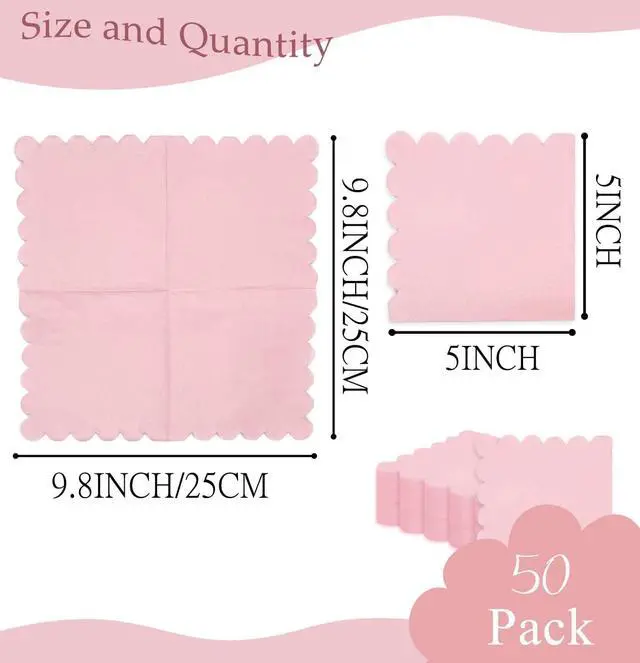 Alt view image 9 of 11 - 50 Pieces 2-ply Light Pink Napkin Disposable Scalloped Cocktail Napkins Beverage Napkins Dessert Napkins Paper Napkins for Wedding Birthday Party Paper Dinner Napkins