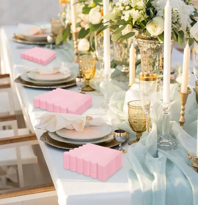 Alt view image 10 of 11 - 50 Pieces 2-ply Light Pink Napkin Disposable Scalloped Cocktail Napkins Beverage Napkins Dessert Napkins Paper Napkins for Wedding Birthday Party Paper Dinner Napkins