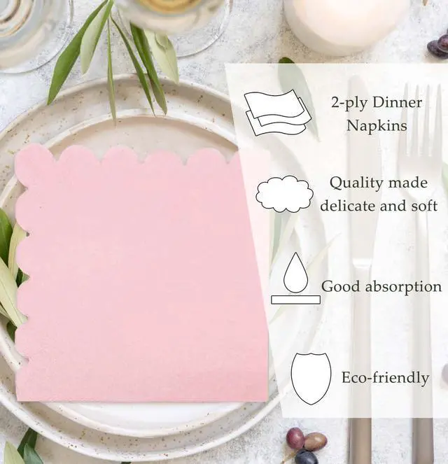 Alt view image 11 of 11 - 50 Pieces 2-ply Light Pink Napkin Disposable Scalloped Cocktail Napkins Beverage Napkins Dessert Napkins Paper Napkins for Wedding Birthday Party Paper Dinner Napkins
