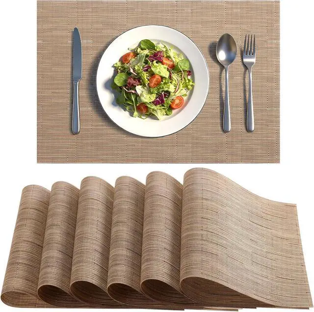 Main image of Placemats Set of 6, Heat Resistant Non-Slip Place Mats, Durable Washable PVC Vinyl Woven Table Mats, Linen Textured Table Placemats for Dining Kitchen Resistant Easy to Clean(Brown)
