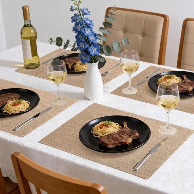 Alt view image 4 of 7 - Placemats Set of 6, Heat Resistant Non-Slip Place Mats, Durable Washable PVC Vinyl Woven Table Mats, Linen Textured Table Placemats for Dining Kitchen Resistant Easy to Clean(Brown)