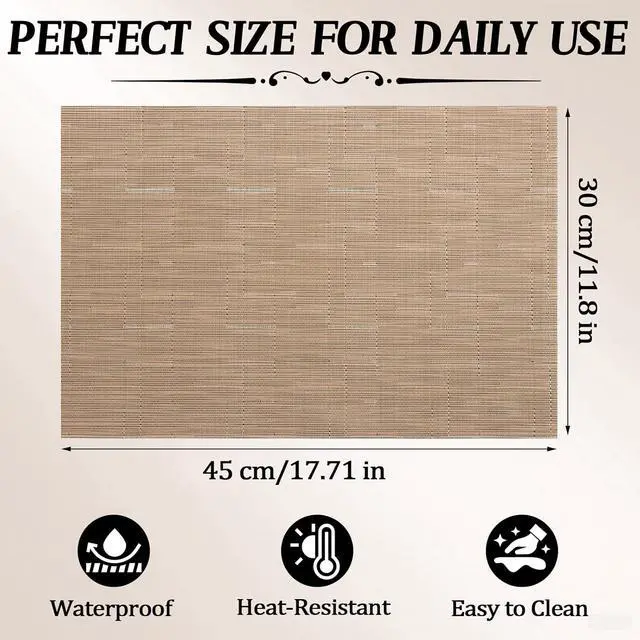 Alt view image 3 of 7 - Placemats Set of 6, Heat Resistant Non-Slip Place Mats, Durable Washable PVC Vinyl Woven Table Mats, Linen Textured Table Placemats for Dining Kitchen Resistant Easy to Clean(Brown)
