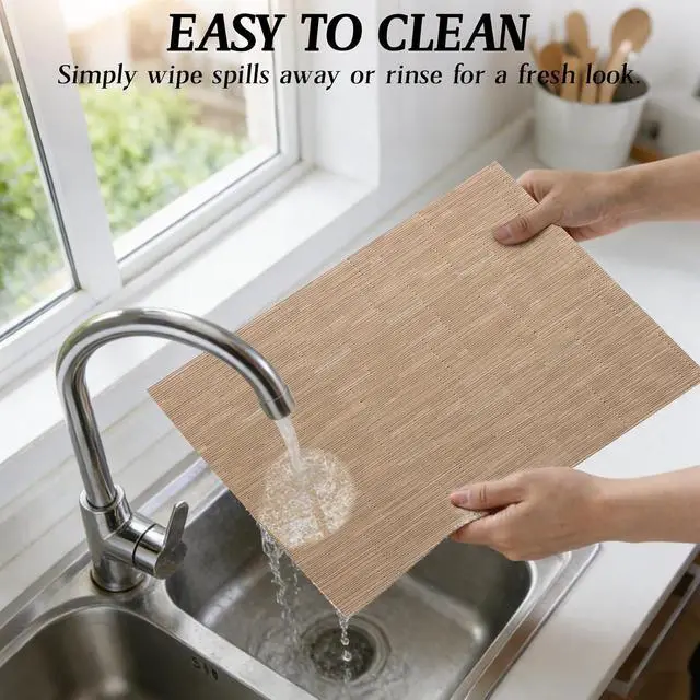 Alt view image 2 of 7 - Placemats Set of 6, Heat Resistant Non-Slip Place Mats, Durable Washable PVC Vinyl Woven Table Mats, Linen Textured Table Placemats for Dining Kitchen Resistant Easy to Clean(Brown)