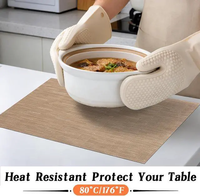 Alt view image 5 of 7 - Placemats Set of 6, Heat Resistant Non-Slip Place Mats, Durable Washable PVC Vinyl Woven Table Mats, Linen Textured Table Placemats for Dining Kitchen Resistant Easy to Clean(Brown)