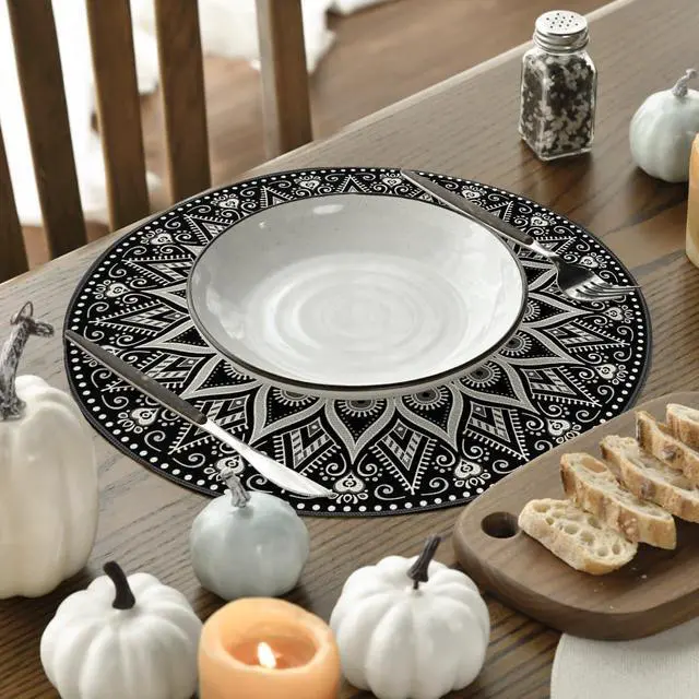 Alt view image 3 of 6 - Black Mandala Round Placemats Set of 4,14 Inch Seasonal Spring Farmhouse Table Mats for Party Kitchen Dining Decoration