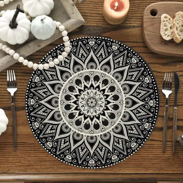 Alt view image 2 of 6 - Black Mandala Round Placemats Set of 4,14 Inch Seasonal Spring Farmhouse Table Mats for Party Kitchen Dining Decoration
