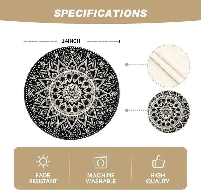 Alt view image 6 of 6 - Black Mandala Round Placemats Set of 4,14 Inch Seasonal Spring Farmhouse Table Mats for Party Kitchen Dining Decoration