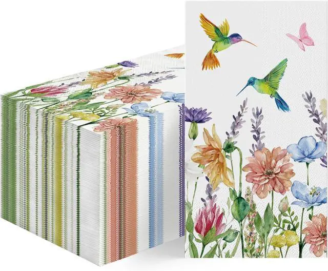Main image of 100 Spring Summer Disposable Paper Decorative Guest Napkins, Hummingbird Butterfly Flowers Watercolor Hand Towel for Party Lunch Dinner Kitchen Bathroom