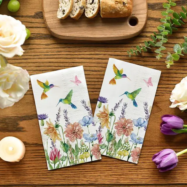Alt view image 2 of 6 - 100 Spring Summer Disposable Paper Decorative Guest Napkins, Hummingbird Butterfly Flowers Watercolor Hand Towel for Party Lunch Dinner Kitchen Bathroom