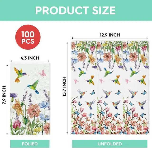 Alt view image 5 of 6 - 100 Spring Summer Disposable Paper Decorative Guest Napkins, Hummingbird Butterfly Flowers Watercolor Hand Towel for Party Lunch Dinner Kitchen Bathroom