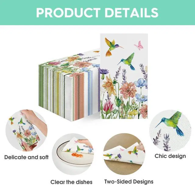 Alt view image 6 of 6 - 100 Spring Summer Disposable Paper Decorative Guest Napkins, Hummingbird Butterfly Flowers Watercolor Hand Towel for Party Lunch Dinner Kitchen Bathroom