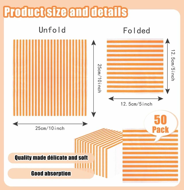 Alt view image 3 of 7 - 50 Pieces Orange Striped Napkins Disposable 3-Ply Orange and White Striped Cocktail Napkins Paper Dinner Napkins for Birthday Baby Shower Wedding Party Beverage Napkin