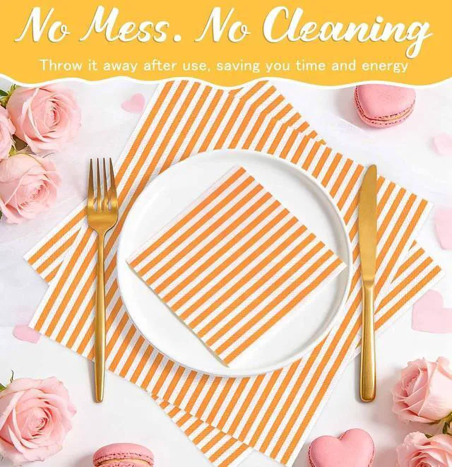 Alt view image 5 of 7 - 50 Pieces Orange Striped Napkins Disposable 3-Ply Orange and White Striped Cocktail Napkins Paper Dinner Napkins for Birthday Baby Shower Wedding Party Beverage Napkin
