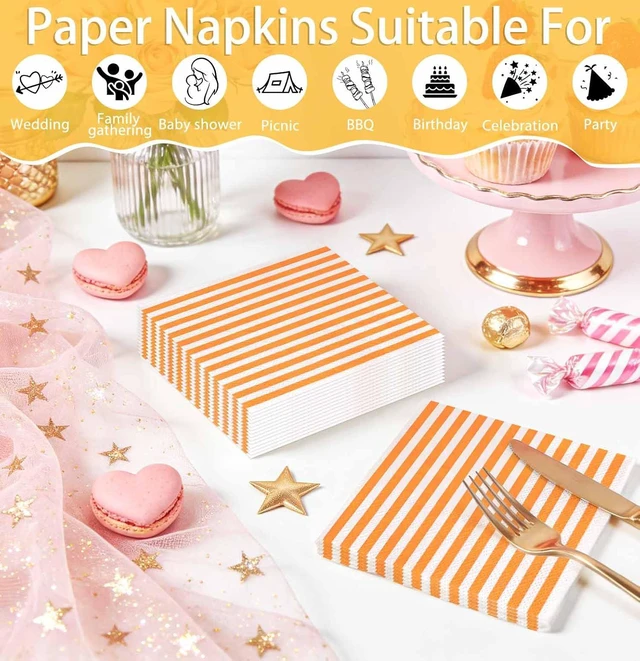 Alt view image 6 of 7 - 50 Pieces Orange Striped Napkins Disposable 3-Ply Orange and White Striped Cocktail Napkins Paper Dinner Napkins for Birthday Baby Shower Wedding Party Beverage Napkin
