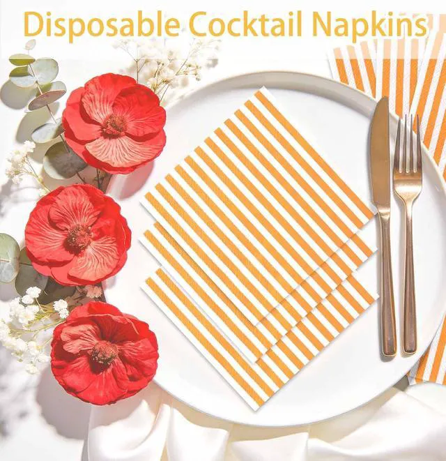 Alt view image 2 of 7 - 50 Pieces Orange Striped Napkins Disposable 3-Ply Orange and White Striped Cocktail Napkins Paper Dinner Napkins for Birthday Baby Shower Wedding Party Beverage Napkin