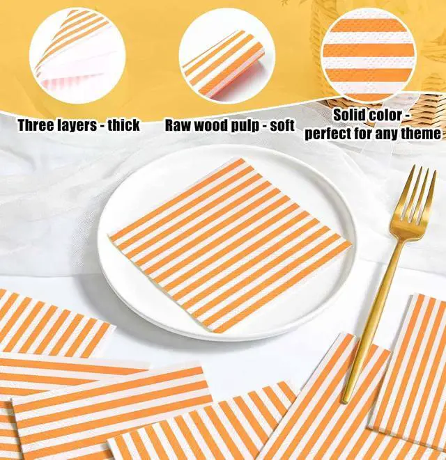 Alt view image 4 of 7 - 50 Pieces Orange Striped Napkins Disposable 3-Ply Orange and White Striped Cocktail Napkins Paper Dinner Napkins for Birthday Baby Shower Wedding Party Beverage Napkin