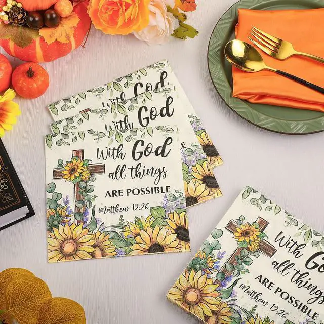 Alt view image 4 of 7 - 60 Pcs Sunflower Christian Cocktail Paper Napkins 6.5 x 6.5 Inches Disposable Paper Napkins Dessert Beverage Tissue for Decoupage Luncheon Tissue for Theme Party Wedding Birthday Party