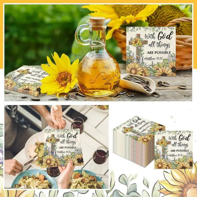 Alt view image 6 of 7 - 60 Pcs Sunflower Christian Cocktail Paper Napkins 6.5 x 6.5 Inches Disposable Paper Napkins Dessert Beverage Tissue for Decoupage Luncheon Tissue for Theme Party Wedding Birthday Party