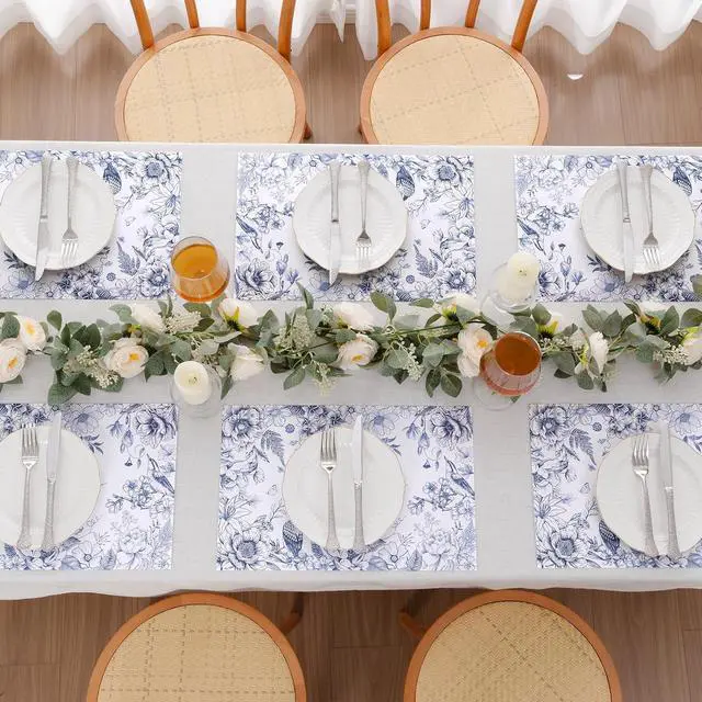 Alt view image 3 of 7 - 50 PCS Blue Flower Bird Paper Placemats Disposable 11x17 inch Spring Floral Cottagecore Chinoiserie Place Mats Decorative Table Mats for Wedding Bridal Shower Birthday Party Table Decoration
