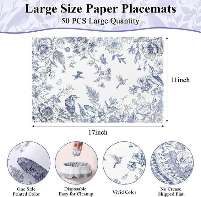 Alt view image 2 of 7 - 50 PCS Blue Flower Bird Paper Placemats Disposable 11x17 inch Spring Floral Cottagecore Chinoiserie Place Mats Decorative Table Mats for Wedding Bridal Shower Birthday Party Table Decoration