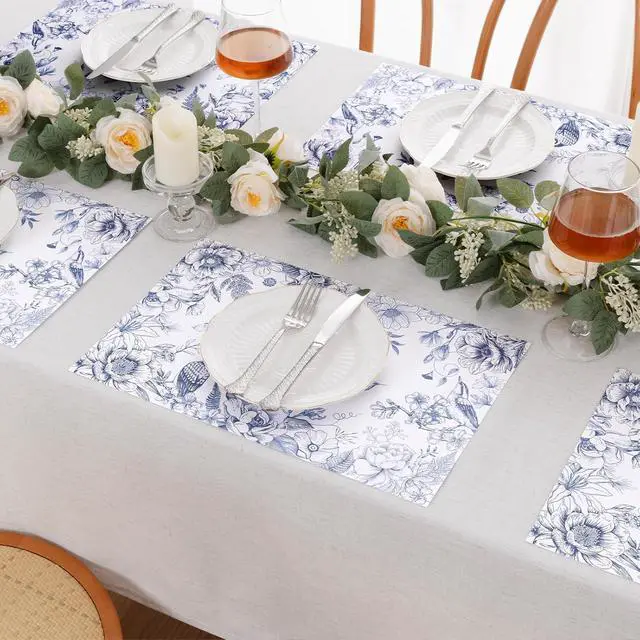 Alt view image 4 of 7 - 50 PCS Blue Flower Bird Paper Placemats Disposable 11x17 inch Spring Floral Cottagecore Chinoiserie Place Mats Decorative Table Mats for Wedding Bridal Shower Birthday Party Table Decoration