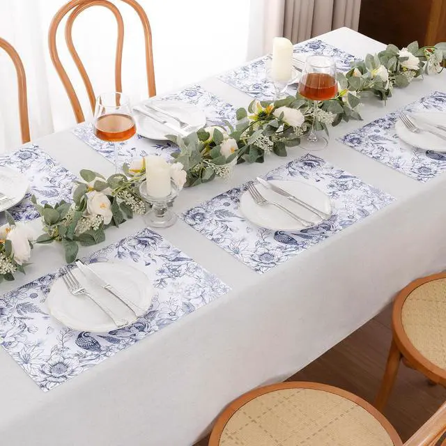 Alt view image 5 of 7 - 50 PCS Blue Flower Bird Paper Placemats Disposable 11x17 inch Spring Floral Cottagecore Chinoiserie Place Mats Decorative Table Mats for Wedding Bridal Shower Birthday Party Table Decoration