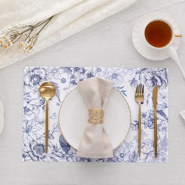Alt view image 6 of 7 - 50 PCS Blue Flower Bird Paper Placemats Disposable 11x17 inch Spring Floral Cottagecore Chinoiserie Place Mats Decorative Table Mats for Wedding Bridal Shower Birthday Party Table Decoration