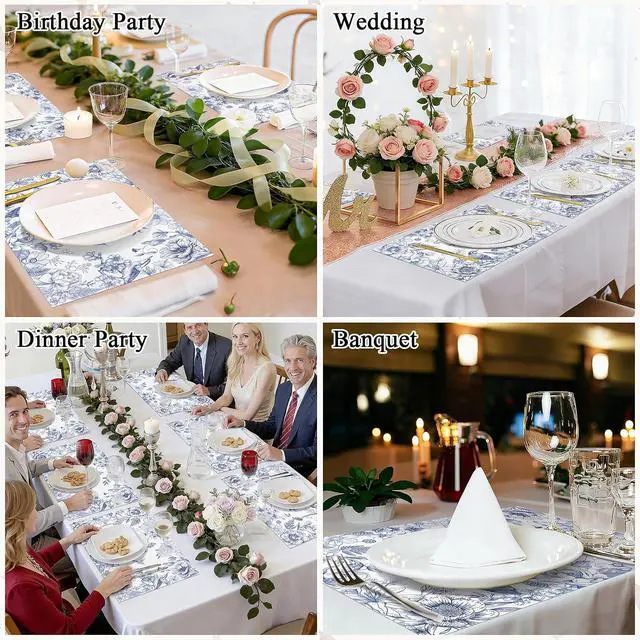 Alt view image 7 of 7 - 50 PCS Blue Flower Bird Paper Placemats Disposable 11x17 inch Spring Floral Cottagecore Chinoiserie Place Mats Decorative Table Mats for Wedding Bridal Shower Birthday Party Table Decoration