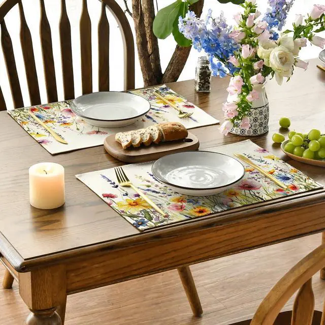 Alt view image 3 of 7 - Daisy Lavender Floral Leaves Spring Placemats Set of 4,12x18 Inch Seasonal Spring Table Mats for Party Kitchen Dining Decoration