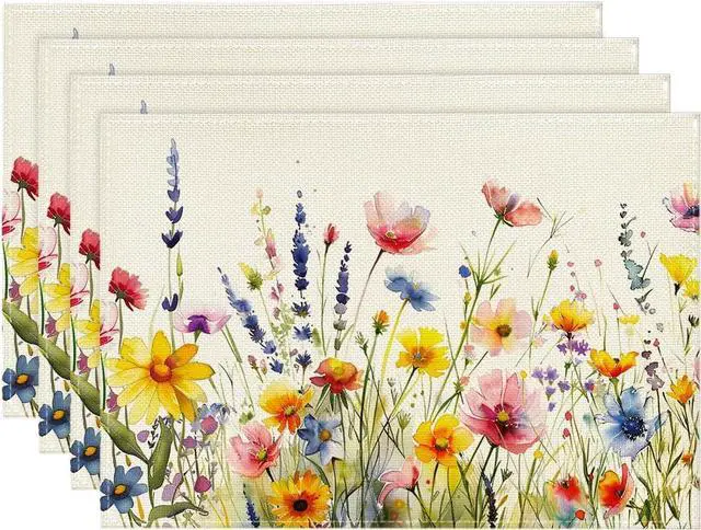 Main image of Daisy Lavender Floral Leaves Spring Placemats Set of 4,12x18 Inch Seasonal Spring Table Mats for Party Kitchen Dining Decoration