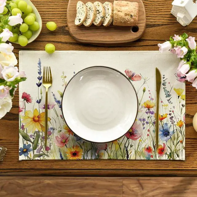 Alt view image 2 of 7 - Daisy Lavender Floral Leaves Spring Placemats Set of 4,12x18 Inch Seasonal Spring Table Mats for Party Kitchen Dining Decoration
