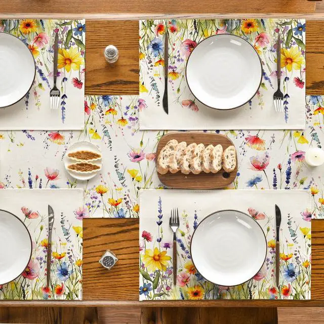 Alt view image 5 of 7 - Daisy Lavender Floral Leaves Spring Placemats Set of 4,12x18 Inch Seasonal Spring Table Mats for Party Kitchen Dining Decoration