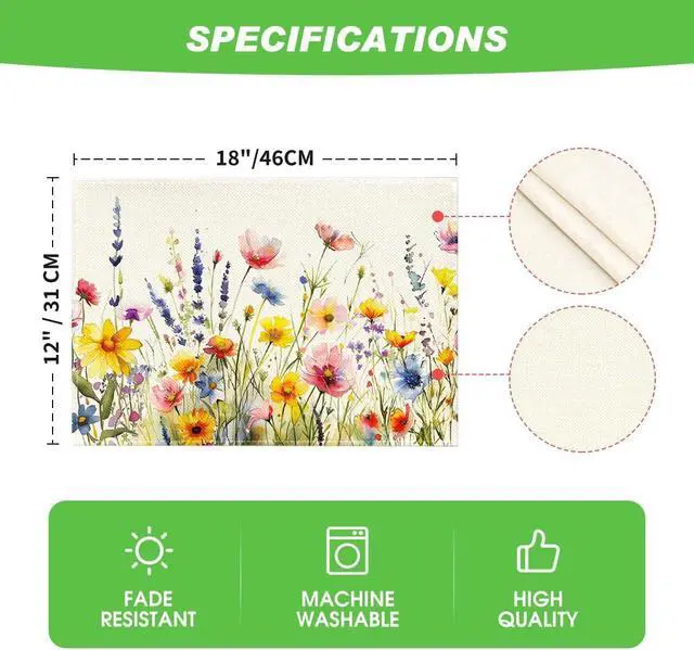 Alt view image 6 of 7 - Daisy Lavender Floral Leaves Spring Placemats Set of 4,12x18 Inch Seasonal Spring Table Mats for Party Kitchen Dining Decoration