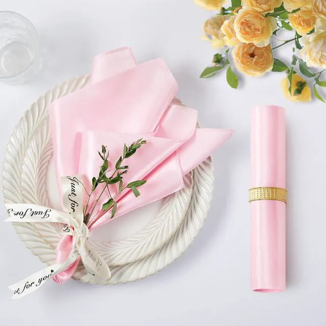Alt view image 3 of 7 - Light Pink Silky Satin Napkins (12 Pieces, 17x17 Inches),Washable Polyester Square Table Napkins for Wedding Dinner Party Decoration