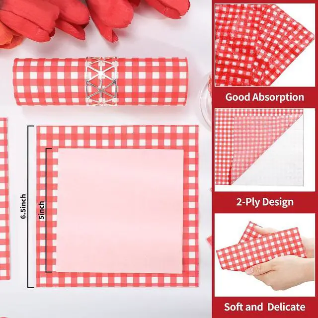 Alt view image 3 of 7 - 80 Pcs Red Gingham Napkins, 6.5" Red White Checkered Plaid Napkins