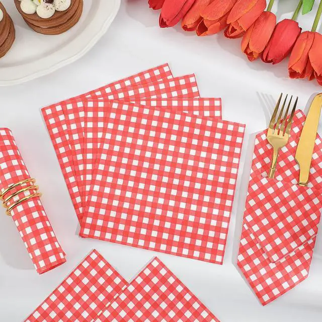 Alt view image 6 of 7 - 80 Pcs Red Gingham Napkins, 6.5" Red White Checkered Plaid Napkins