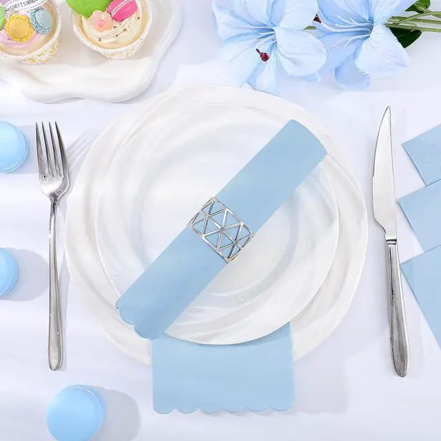 Alt view image 2 of 7 - 60 Pcs Light Blue Paper Napkins, 2 Ply Blue Disposable Guest Bathroom Hand Towels Scalloped Baby Shower Napkins Party Dinner Napkin for Wedding, Baby Bridal Shower, Birthday
