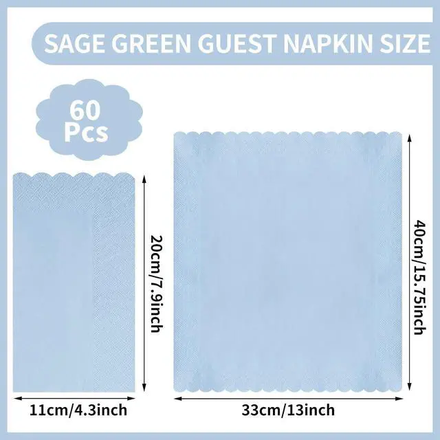 Alt view image 3 of 7 - 60 Pcs Light Blue Paper Napkins, 2 Ply Blue Disposable Guest Bathroom Hand Towels Scalloped Baby Shower Napkins Party Dinner Napkin for Wedding, Baby Bridal Shower, Birthday