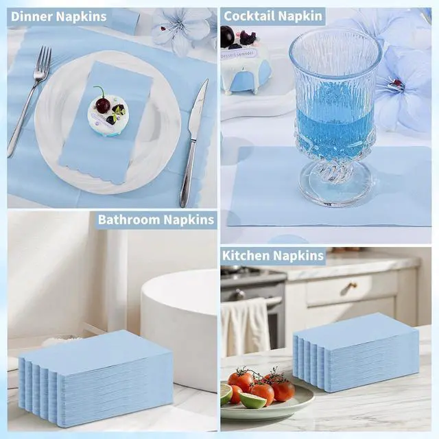 Alt view image 5 of 7 - 60 Pcs Light Blue Paper Napkins, 2 Ply Blue Disposable Guest Bathroom Hand Towels Scalloped Baby Shower Napkins Party Dinner Napkin for Wedding, Baby Bridal Shower, Birthday