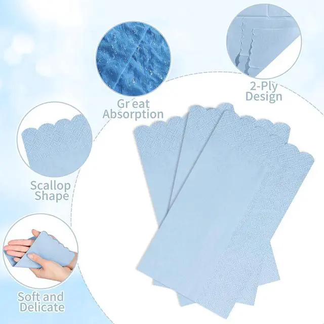 Alt view image 4 of 7 - 60 Pcs Light Blue Paper Napkins, 2 Ply Blue Disposable Guest Bathroom Hand Towels Scalloped Baby Shower Napkins Party Dinner Napkin for Wedding, Baby Bridal Shower, Birthday