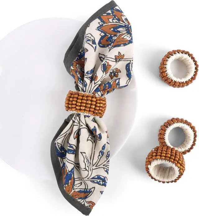 Main image of Decorative Napkin Rings, Napkin Holder Buckles for Table Decorations, Wedding, Christmas, Farmhouse, Party Easy to Clean, Durable & Versatile Wooden Beaded Rings Set of 4