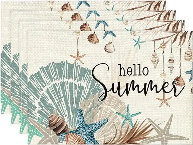 Main image of Sunshine Starfish Shell Summer Placemats Set of 4, 12x18 Inch Seasonal Spring Holiday Table Mats for Party Kitchen Dining Decoration
