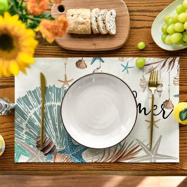 Alt view image 2 of 7 - Sunshine Starfish Shell Summer Placemats Set of 4, 12x18 Inch Seasonal Spring Holiday Table Mats for Party Kitchen Dining Decoration